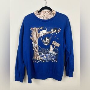Vintage Basic Editions Grandma Blue Cat Dog Pullover Collared Crew Neck